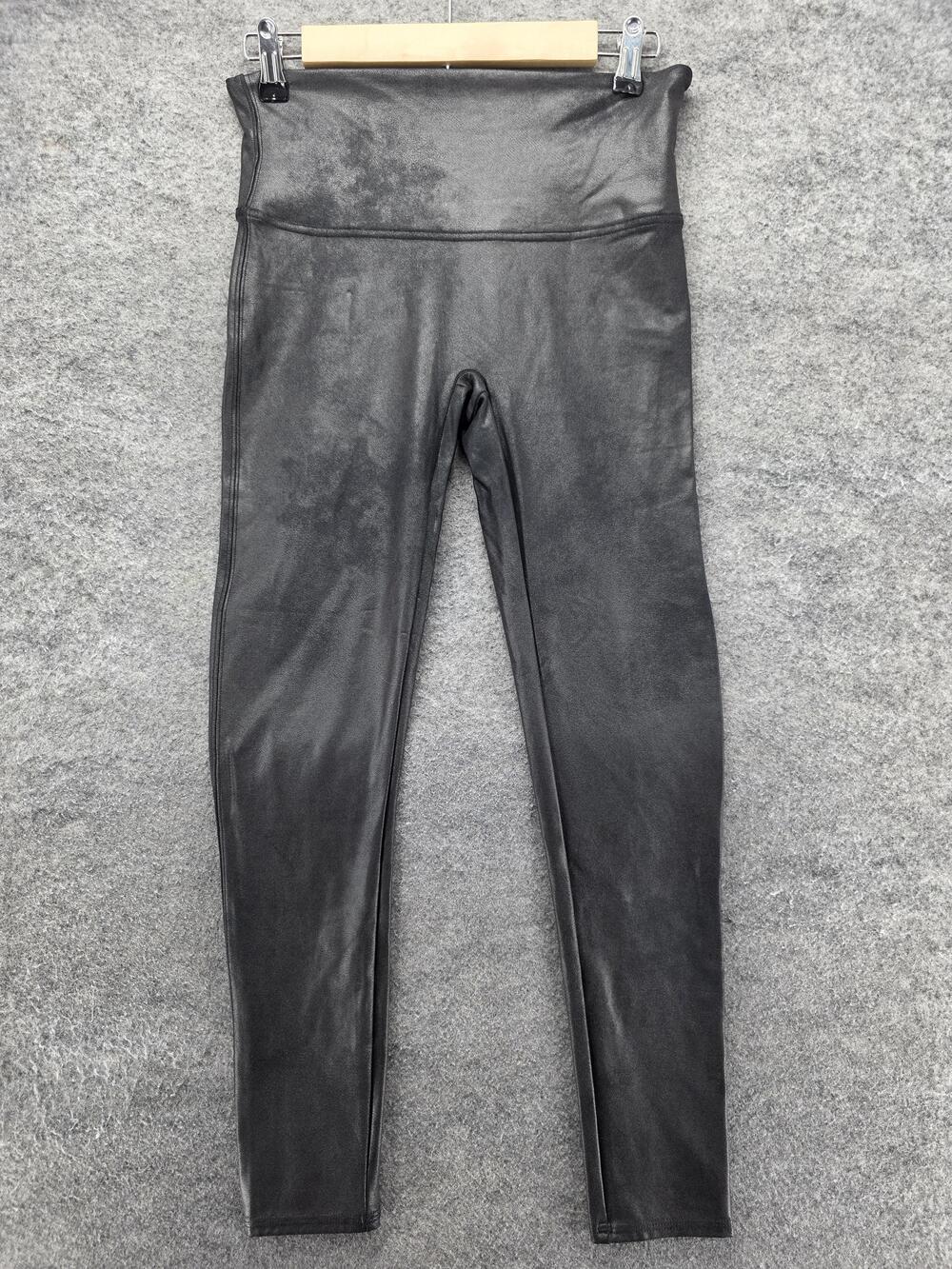 Spanx Leggings Womens Large Petite Black Faux Leather Mid Rise Shaping Ankle